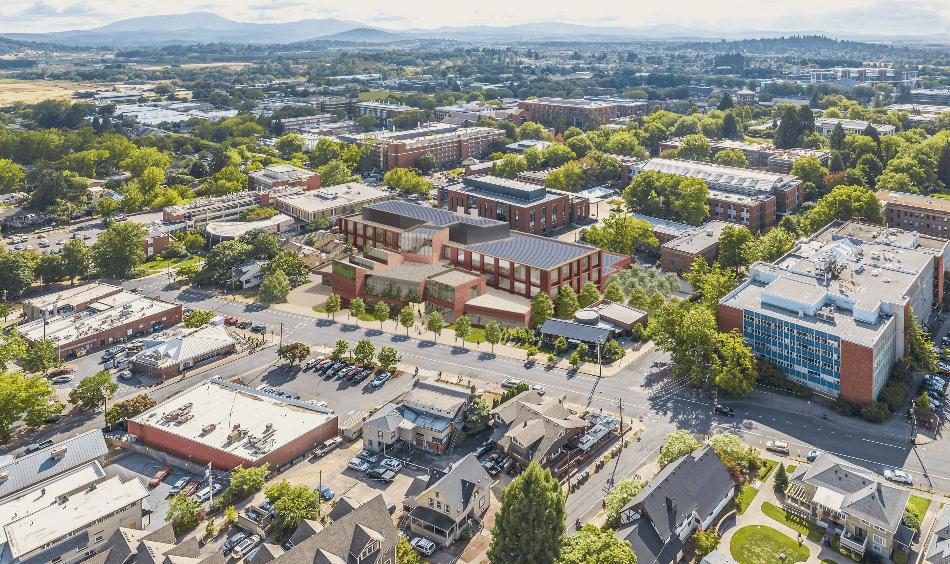 rending of a brick building with large windows surrounded by streets 和 other buildings